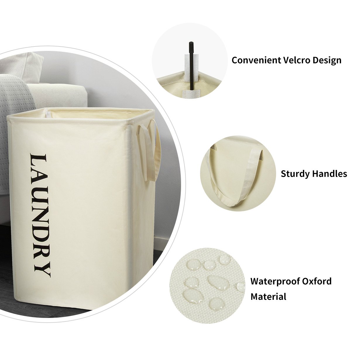 Chrislley Large Laundry Basket with Handles Collapsible Laundry Hamper Foldable Rectangular Laundry Bin 600D Oxford Fabric Waterproof Laundry Bag 73.6L (Beige)