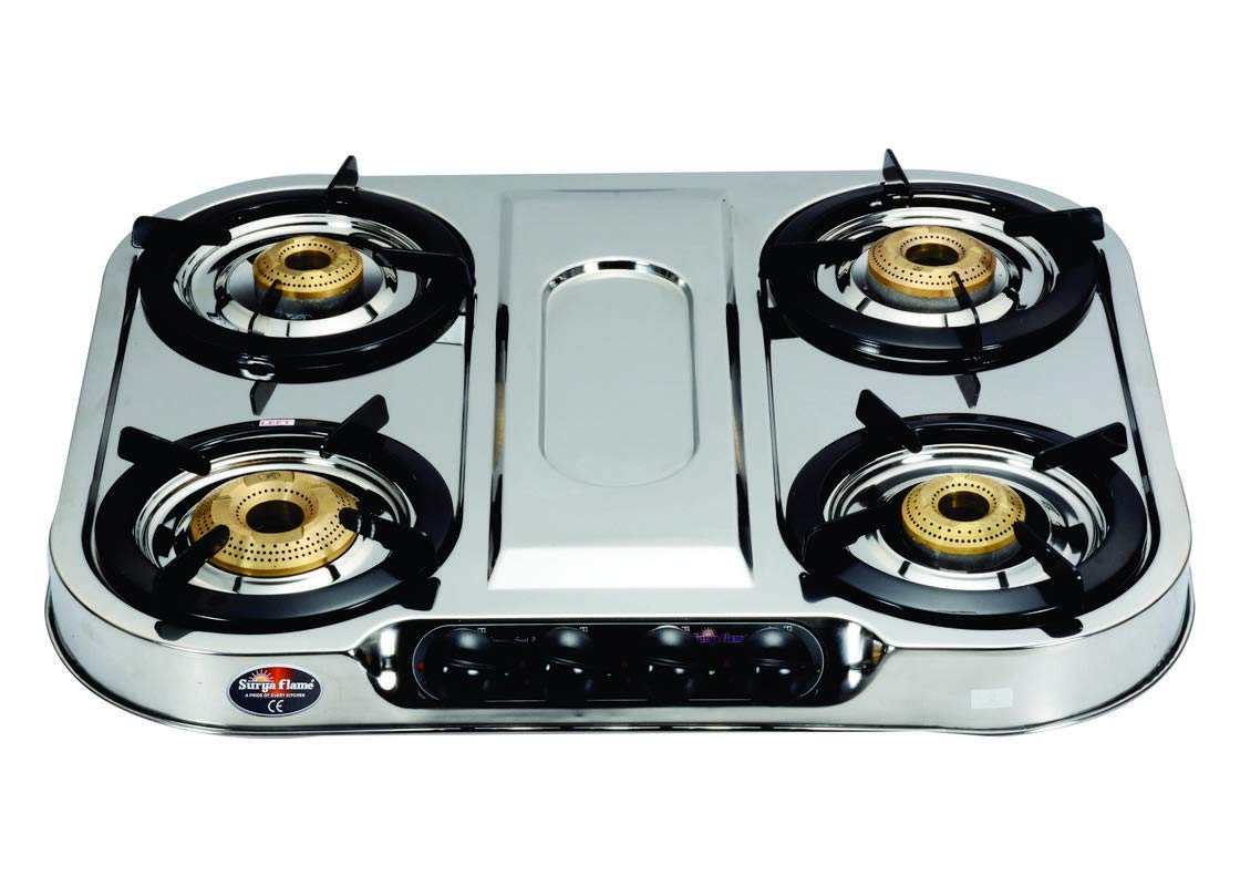 Surya Flame Optima Deep Draw Stainless Steel 4 Burner Gas Stove (Black