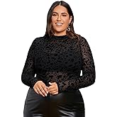 Floerns Women's Plus Size Leopard Print Mock Neck Mesh Long Sleeve Tee Shirt Top