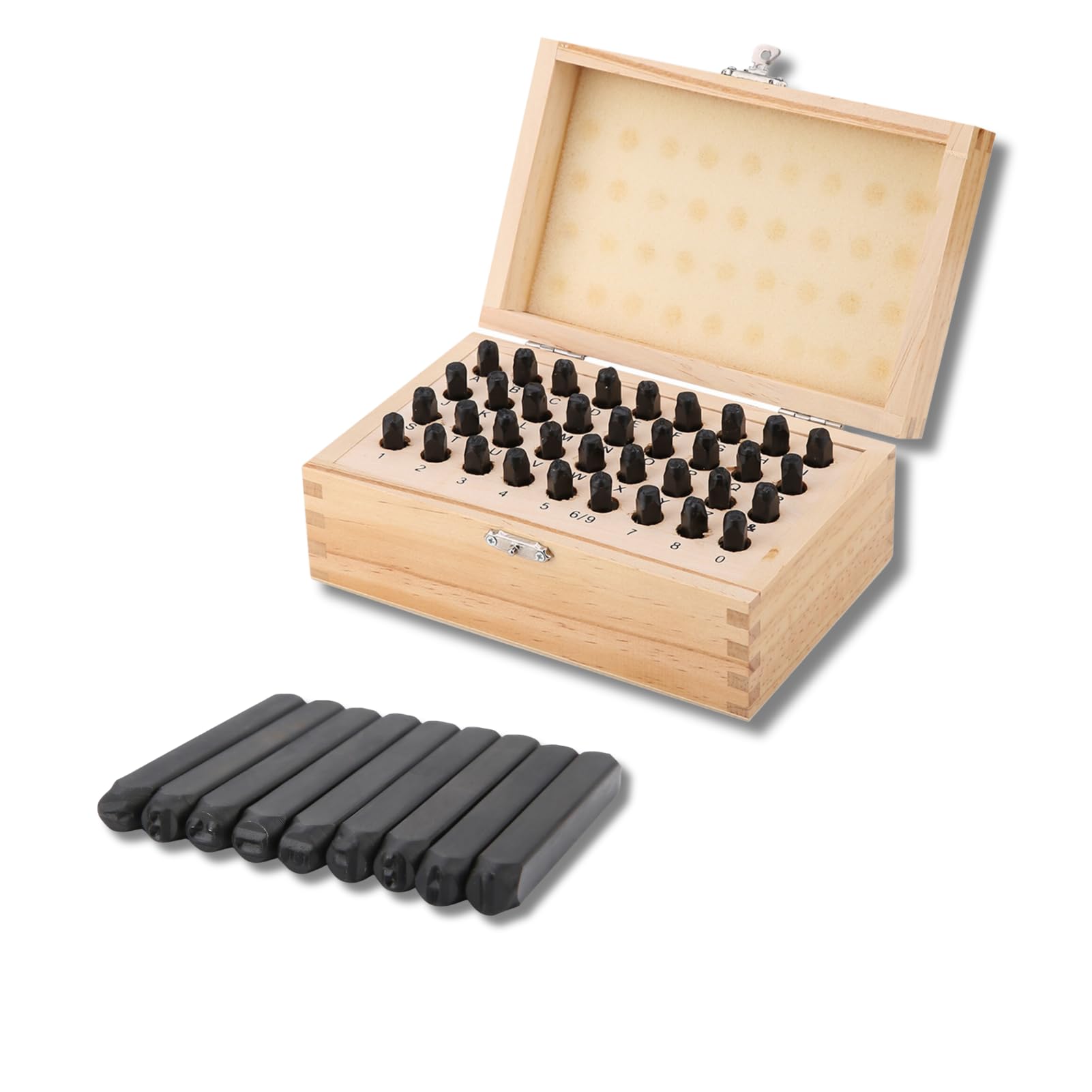 36-Piece Metal Leather Punch Kit, Alphabet Letter Number Stamp Set with Wooden Box, 4mm Die Tool