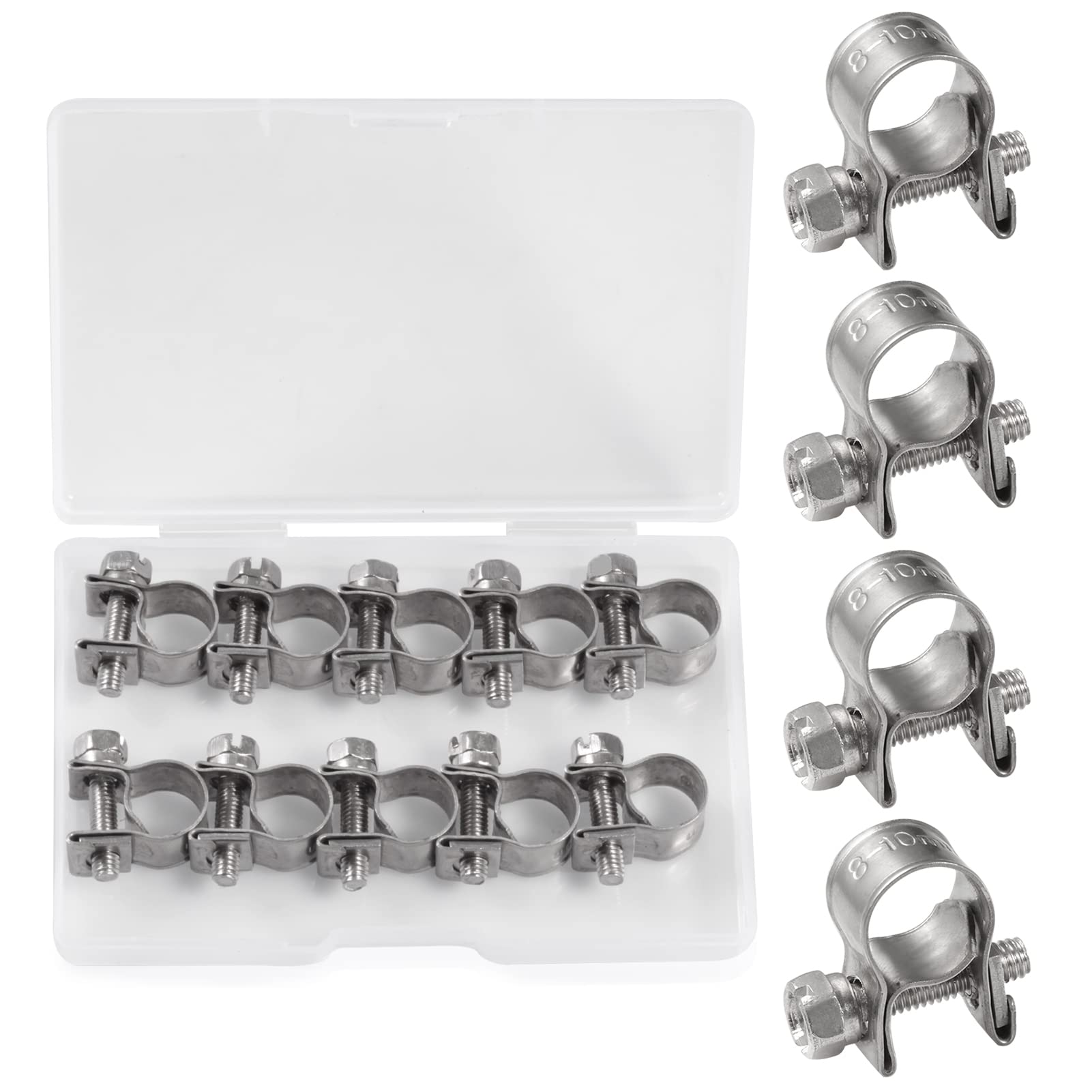 SPEEDWOX 10 Pcs Mini Fuel Injection Hose Clamps 304 Stainless Steel Adjustable Pipe Hose Clip Tube Clamps Set with Storage Box for Diesel Petrol Pipe Automotive Plumbing (8-10mm)