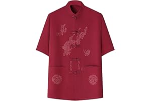 Cambkatl Men's Short Sleeve Mandarin Collar Kung Fu Shirts Chinese Traditional Embroidered Tai Chi Frog-Button Shirt