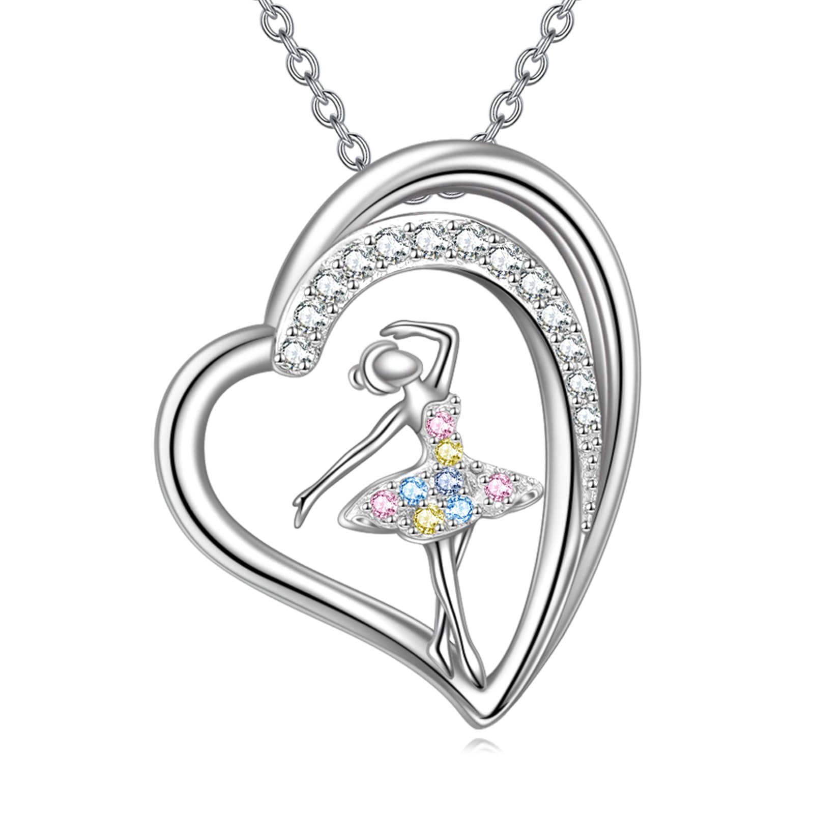 YFN Ballerina Necklace, Sterling Silver Ballerina Heart Pendant Necklace Girls Dance Crystal Pendant Jewellery Gifts or Christmas Women Girls