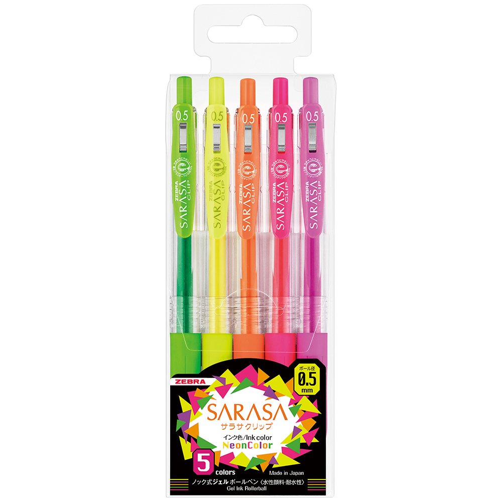 Zebra Technologies Sarasa Clip Ballpoint Pen, 5 Neon Colors Set, 0.5mm (JJ15-5C-NO)