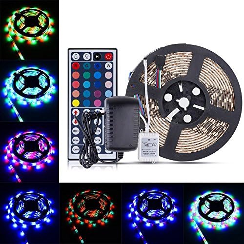 Sanwo 16.4ft Flexible RGB LED Strip Lights, Waterproof IP65, 300 Unites Leds, 3528 SMD LED Ribbon with 12V Power Supply Adapter + 44Key Remote Controller