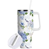 40 oz Tumbler with Straw & Handle - 2 in 1 Lids Leak Proof Tumblers - Large Insulated Stainless Steel Cup - BPA-Free Water Bottle Travel Metal Mug for Women Man, Blue Purple Hydrangea Lilac Floral