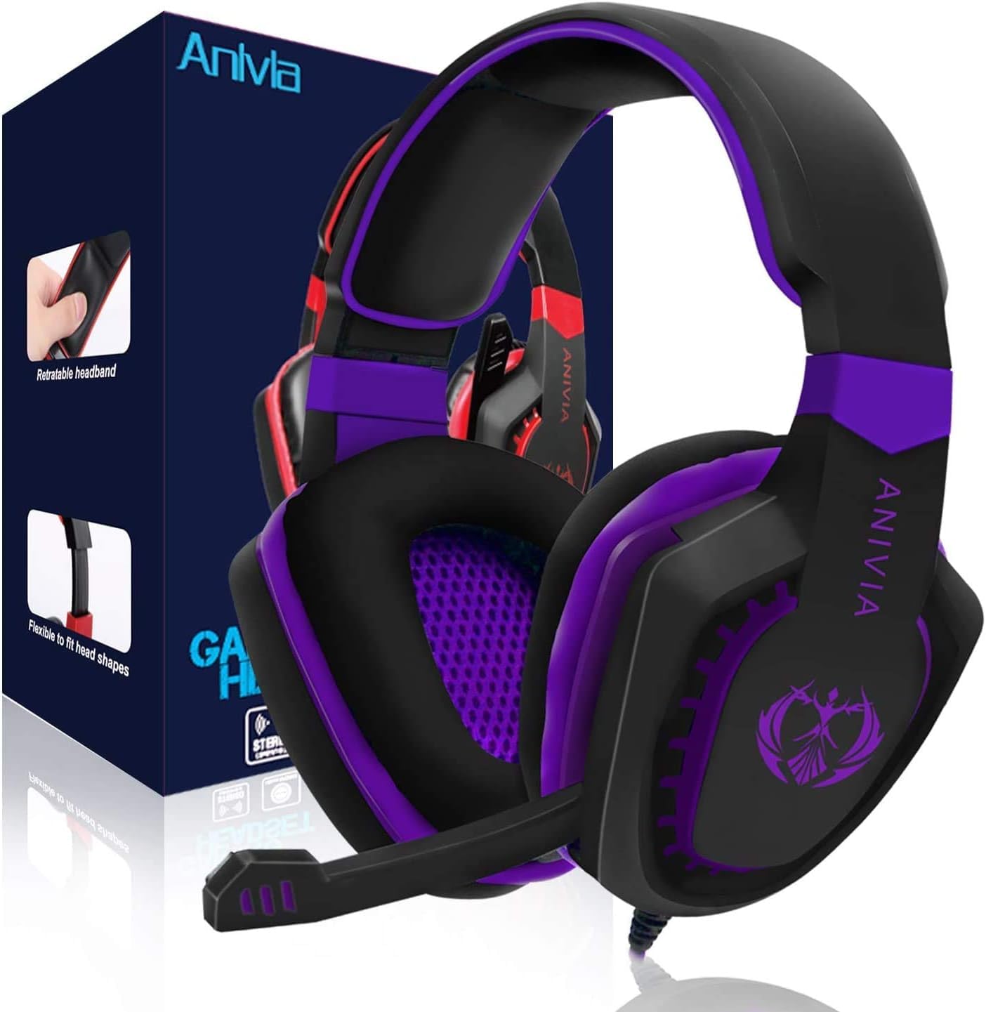 Anivia Gaming Headset Noise Isolating Over Ear Headphones Wired with Mic, Volume Control, Bass Surround, Soft Memory Earmuffs for Gamers, Black Purple