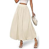 ELLEVEN Women's Bubble Maxi Skirt, Elastic Waist Puffy Hem A-Line Skirt with Pockets