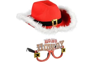 Funcredible Santa Cowboy Hat with Glasses - Festive Red and White Hat featuring Santa Design - Christmas Cowgirl Hat - Xmas Cowgirl Outfits for Women