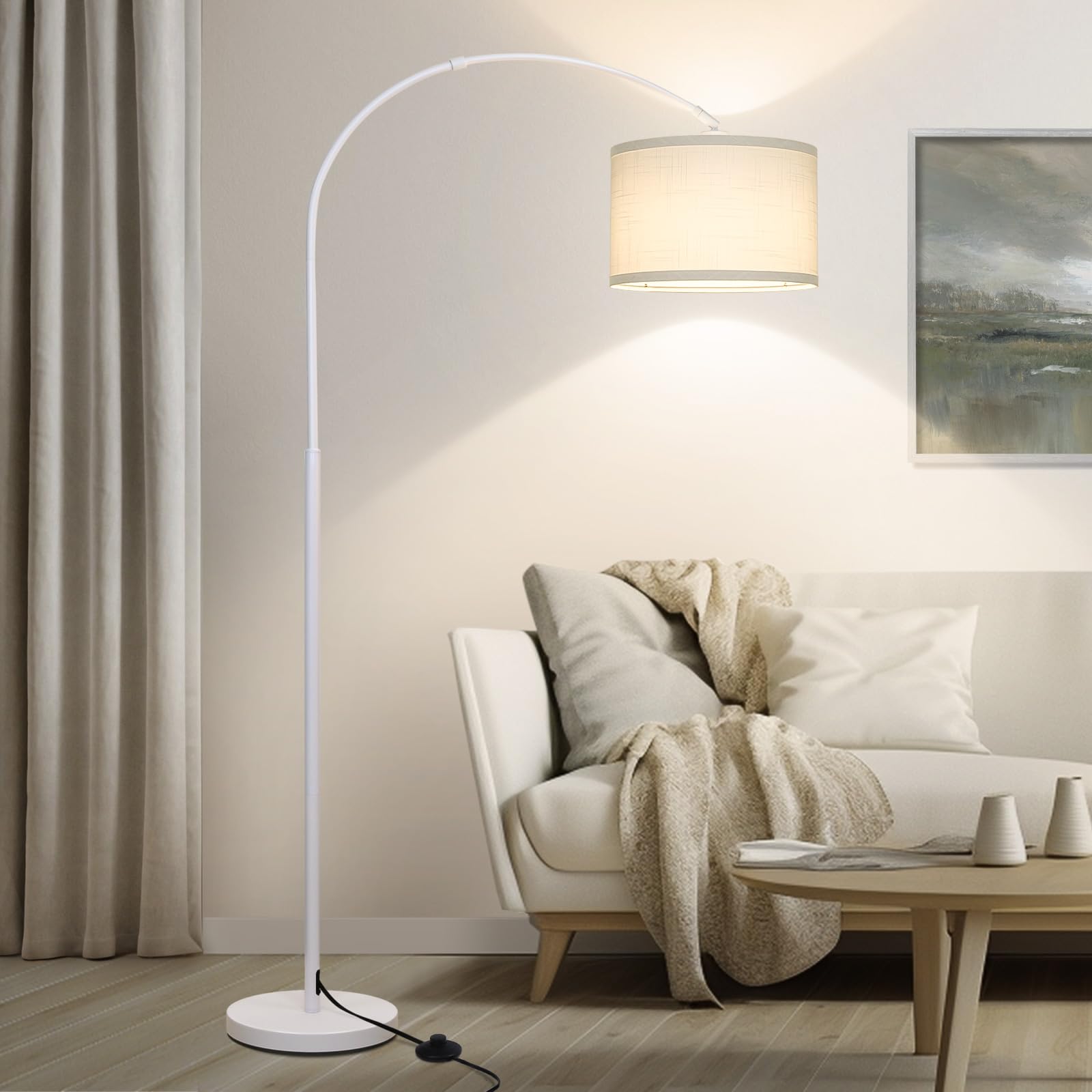 Photo 1 of White Arc Floor Lamp, Modern Floor Lamp for Living Room with Adjustable Lamp Head, Tall Pole Standing Lamp with On/Off Pedal Switch, Over Couch Arched Reading Light for Bedroom, Office, Study Room