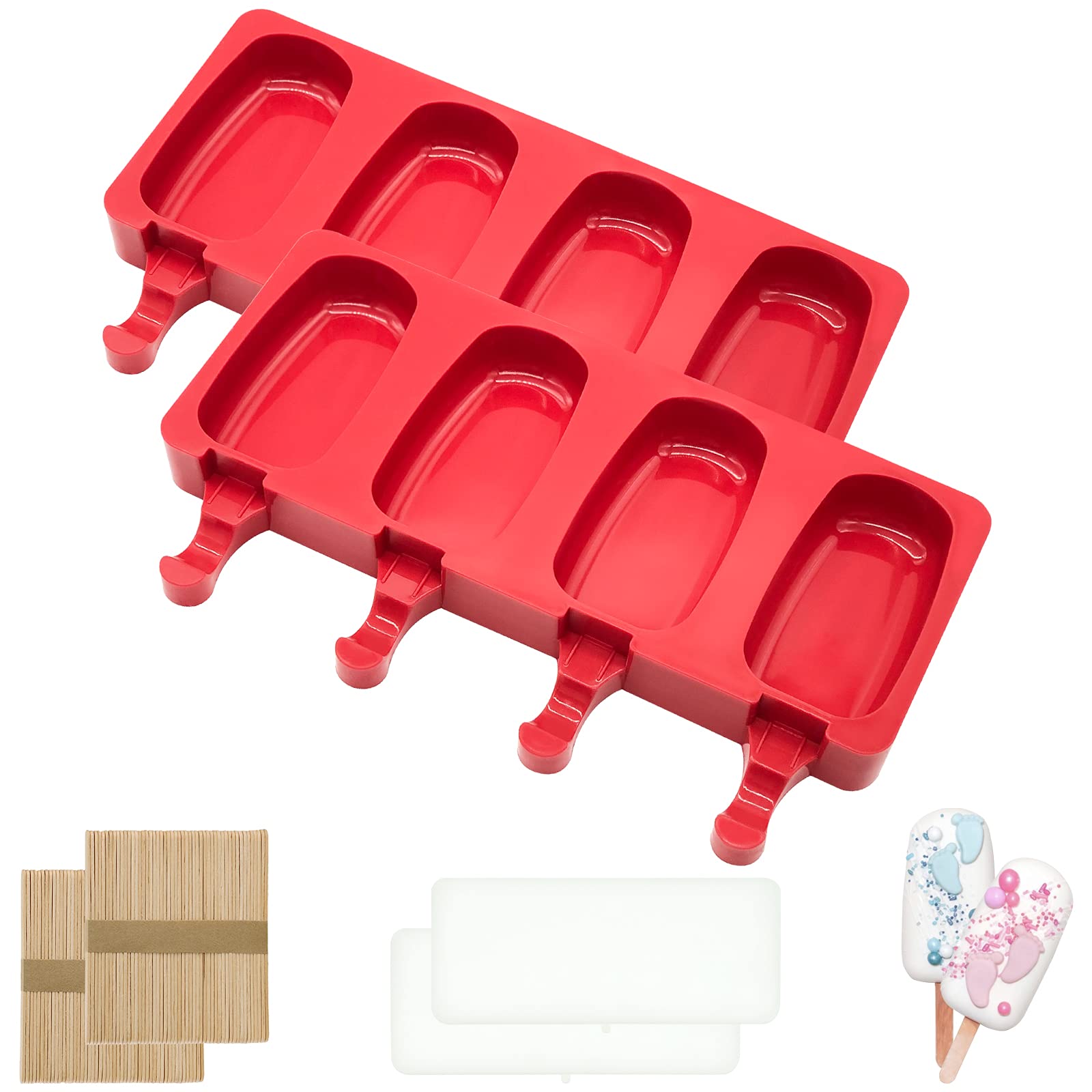 MARUKO Cake Lolly Moulds, Christmas Party,Silicone Popsicle,Jelly Mould,Panna Cotta,Ice Lolly Moulds, Cakesicle Mould with 2 Lids & 100 Wooden Sticks for DIY Ice Cream (4 Cavities, Red)