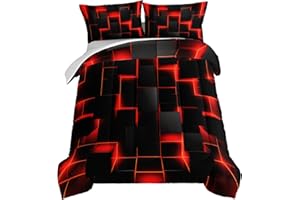 HOSIMA Honeycomb Twin Size Comforter Set,Red Black Geometric Bedding Set 3pcs for Kids Boys Teens Room Decor,Gamer Comforter Sets for Boys Soft Lightweight Bedding Sets with 2 Pillowcases.
