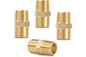 KOOTANS 3/8 NPT x 3/8 NPT Male Solid Brass Hex Nipples, Heavy Brass Pipe Adapter Fittings Equal Nipples Connectors 4Pieces