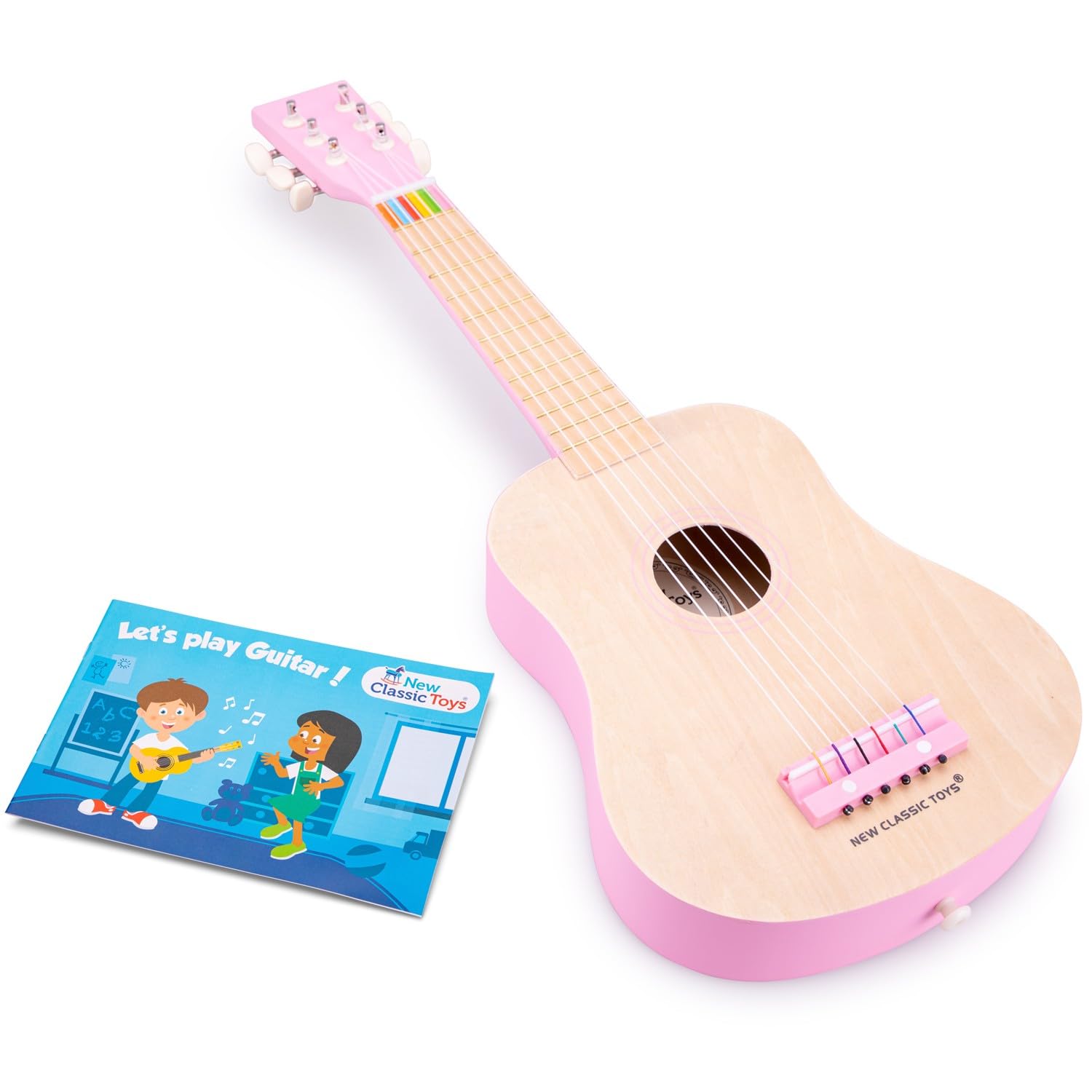 New Classic Toys Wooden toy guitar deluxe - natural/pink - including music book and shoulder strap