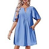 Wenrine Womens Flutter Short Sleeve Mini Dress Casual V Neck Loose Flowy Summer Dresses