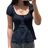 Women Teen Girls Cute Tops Short Sleeve Button Front Low Cut Ruffle Crop Top Vintage Aesthetic Coquette Shirts
