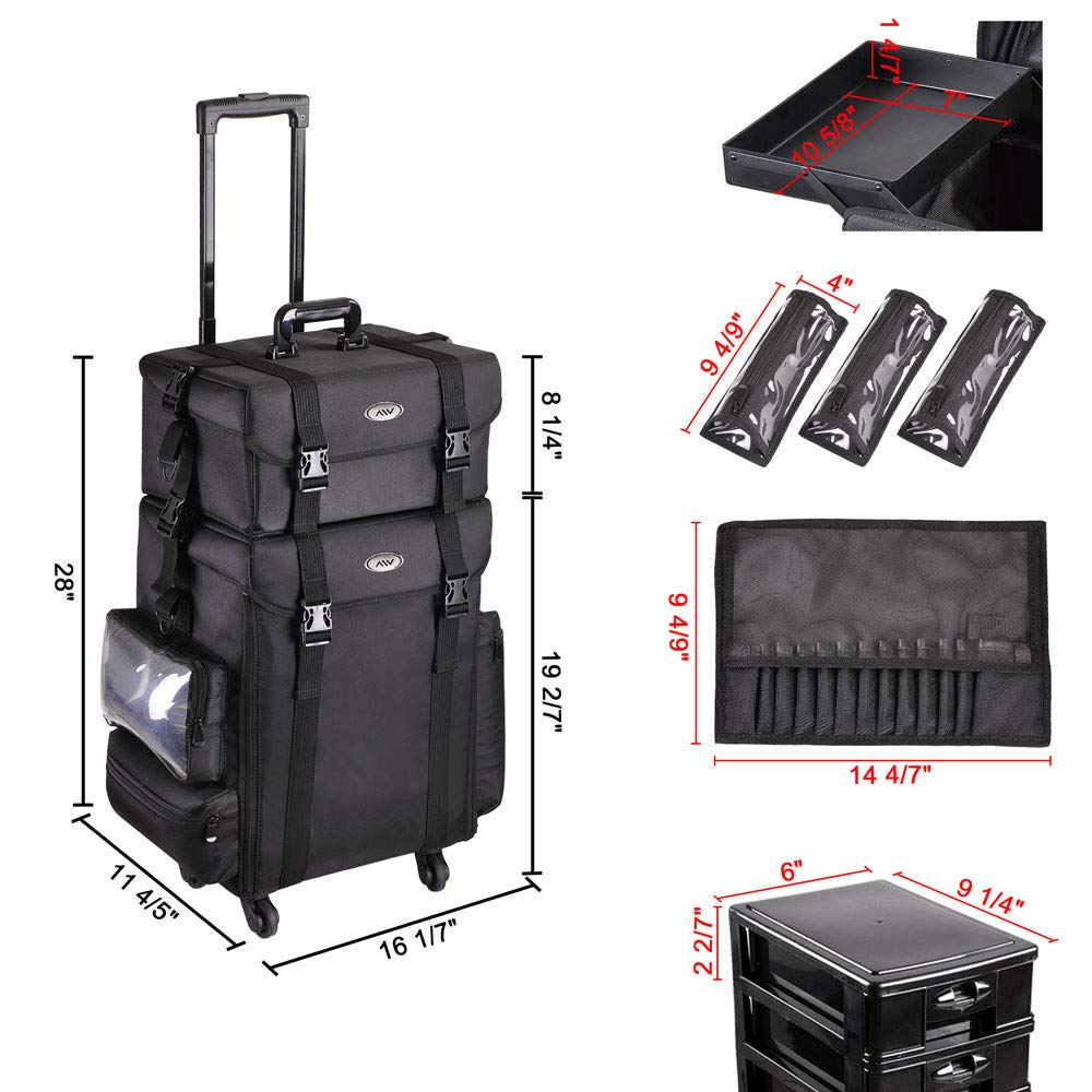AW Classic Black 2in1 Soft Sided Rolling Makeup Case Freelance Makeup Artist Cosmetic Organize Storage Travel Train Case