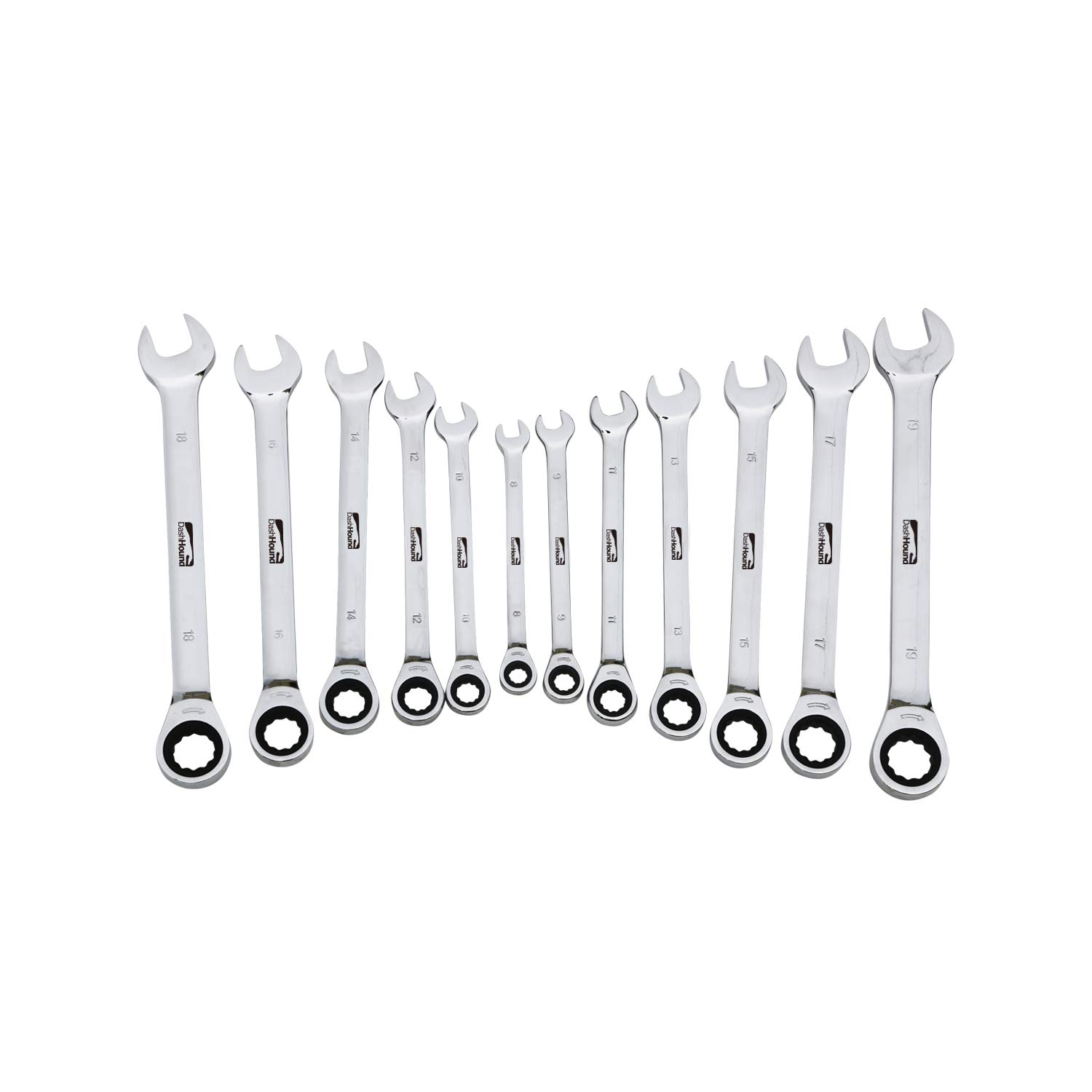 DashHound 12pcs Ratchet Wrench Set Chrome Vanadium Steel Fixed Head Spanner Set Combination Wrenchs 5 Deg Movement, Metric Sizes 8-19mm with Storing case