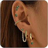 LOFITOR 5 Pairs Sterling Silver Post Stud Hoop Earrings Set Dainty 14k Gold Plated Earrings for Women S925 Green CZ Cartilage Stud Huggie Earring for Multiple Piercing Small Earring Stacks