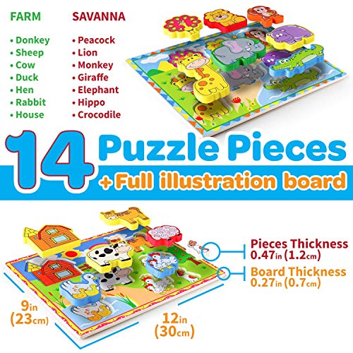 OKIKI Wooden Chunky Puzzles for Toddlers - Wild and Farm Animals - 14 Pieces with Full Board Illustrations (12 x 9 inches)