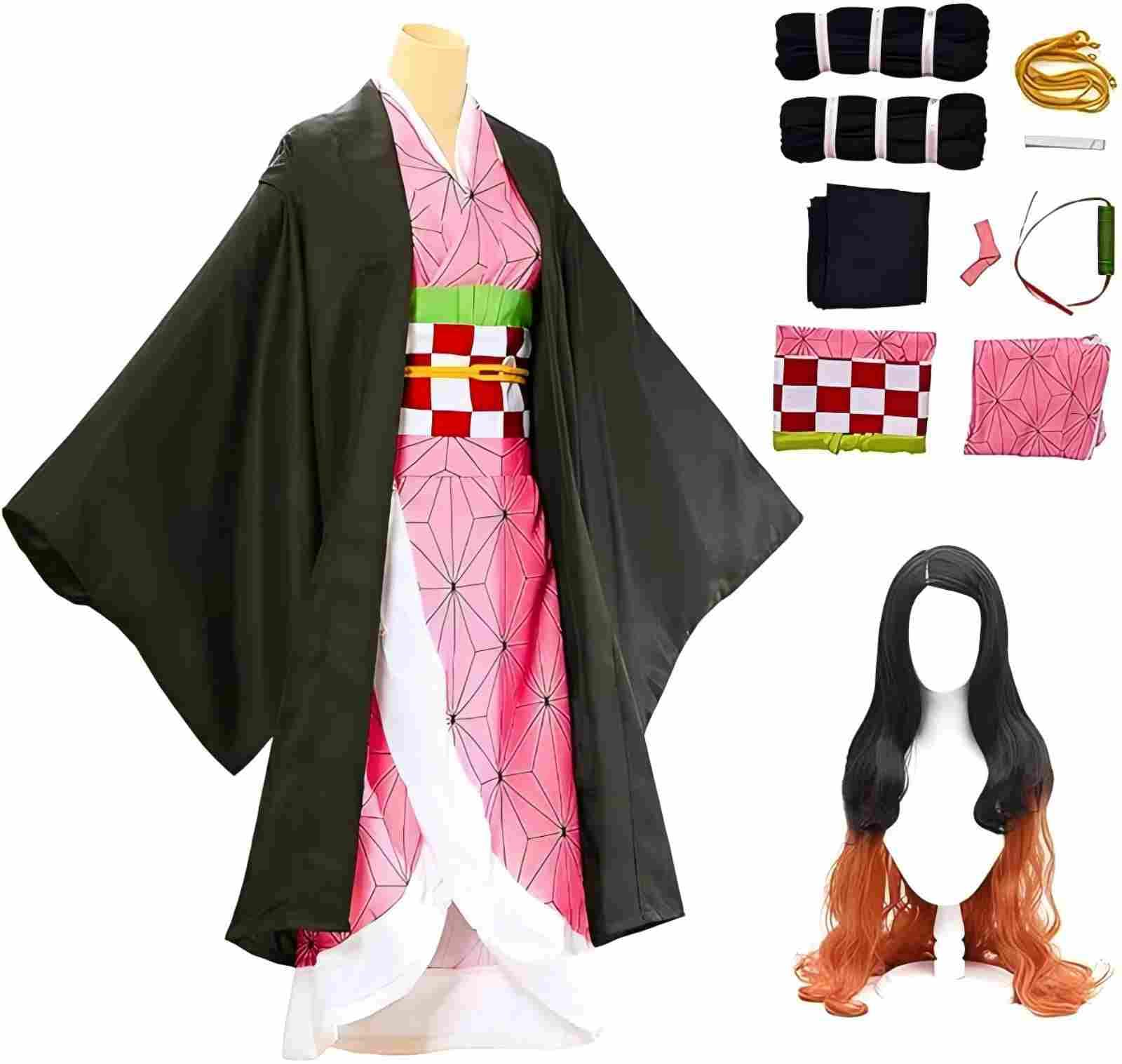 JYakeji Nezuko Cosplay Costume,Nezuko Kimono Kids Outfit Jacket with Bamboo Anime Kimetsu No Yaiba Halloween Party Cosplay Costumes for Women M