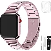 Fullmosa Metal Band Compatible with Apple Watch Bands 45mm 44mm 42mm, iWatch Band with Case for Apple Watch Series 9 8 7 6 5 4 3 2 1 SE3/2/1, Rose Pink