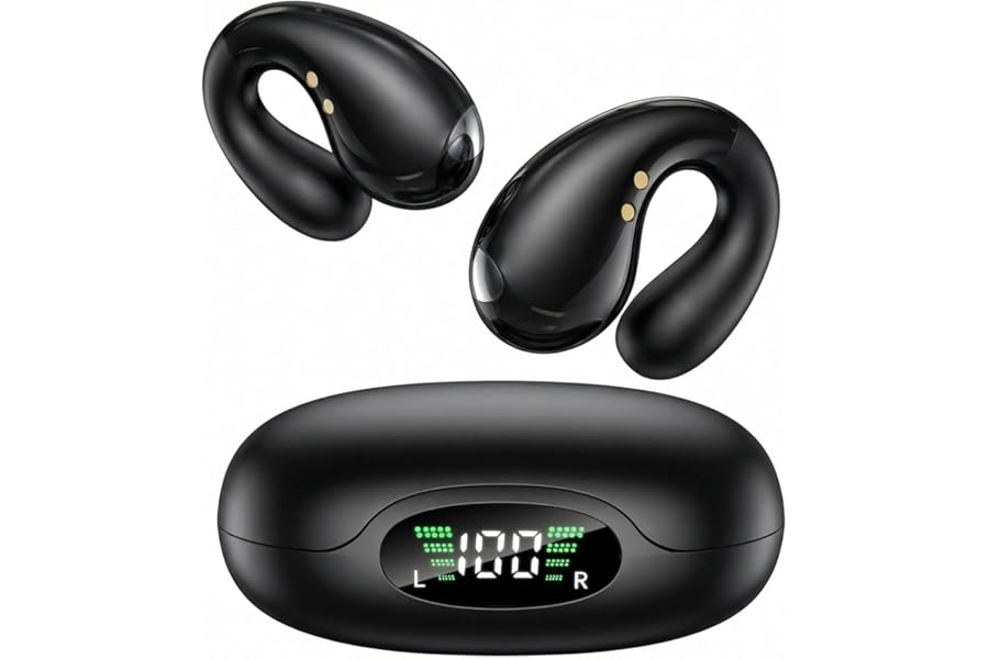 Boytond Ultra Open Ear Earbuds - Comfortable Clip-On Bone Conduction Earbuds, Over-The-Ear Open Headphones with Waterproof Build for Running, Gym Workouts, and Outdoor Sports, Classic Black