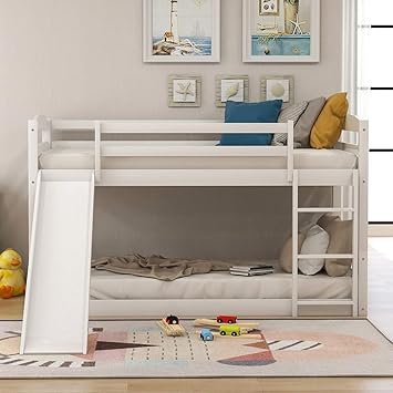 Harper Bright Designs Solid Wood Twin Bunk Beds For Kids Toddlers Twin Over Twin Bunk Bed Frame With Slide And Built In Ladders Amazon In Furniture Toddler Over Toddler Bunk Beds