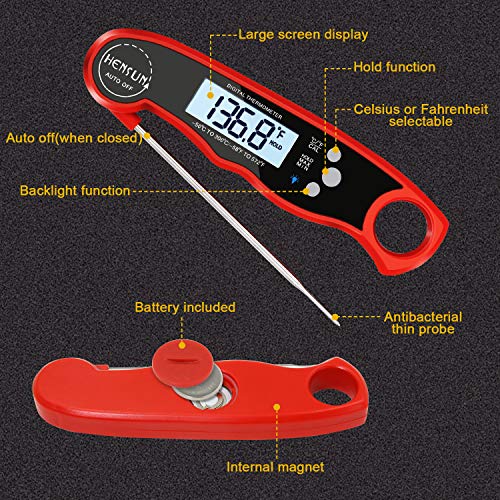 HENSUN Waterproof Digital Instant Read Meat Food Thermometer with Folding Probe-BBQ Or Grilling, with Magnetic | Backlight & Calibration | Quick, Smart Cooking Red, Milk,Oven Roasts, 1 Candy - Thumbnail 2