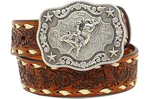NOCONA BELT CO. Nocona Boots Boys' 1-1/4" Bull Rider Floral Embossed Leather Western Belt Buckle, Tan, 18