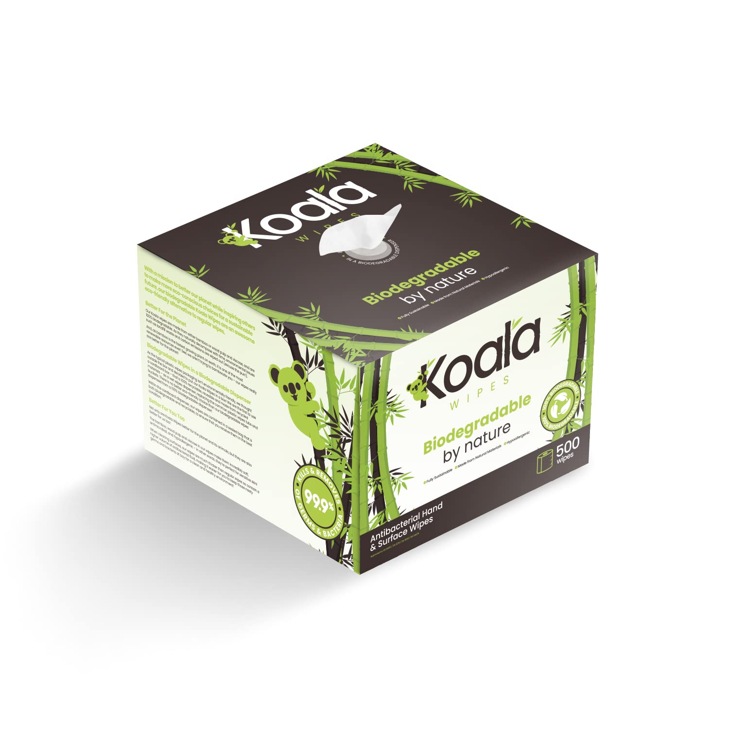 Koala Wipes - Biodegradable Dispenser, with 500 Wipes - Antibacterial Hand & Surface Wipes, Soft on Skin, Antimicrobial & Hypoallergenic - 100% Non-Hazardous
