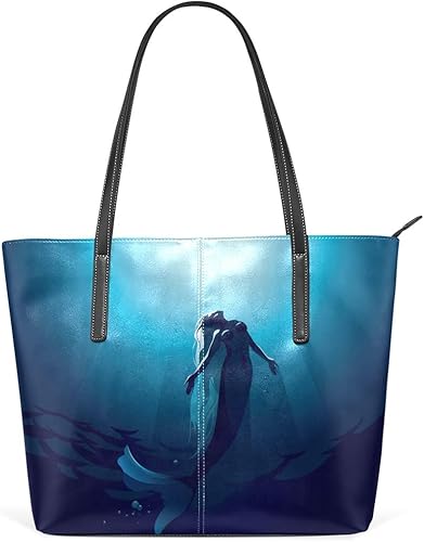 Amazon Vawa トートバッグ レディース 大容量 おしゃれ 人魚 海 ネイビー 革 ハンドバッグ マザーズバッグ 手提げ 肩掛け 2way 軽量 通勤 通学 Vawa トートバッグ