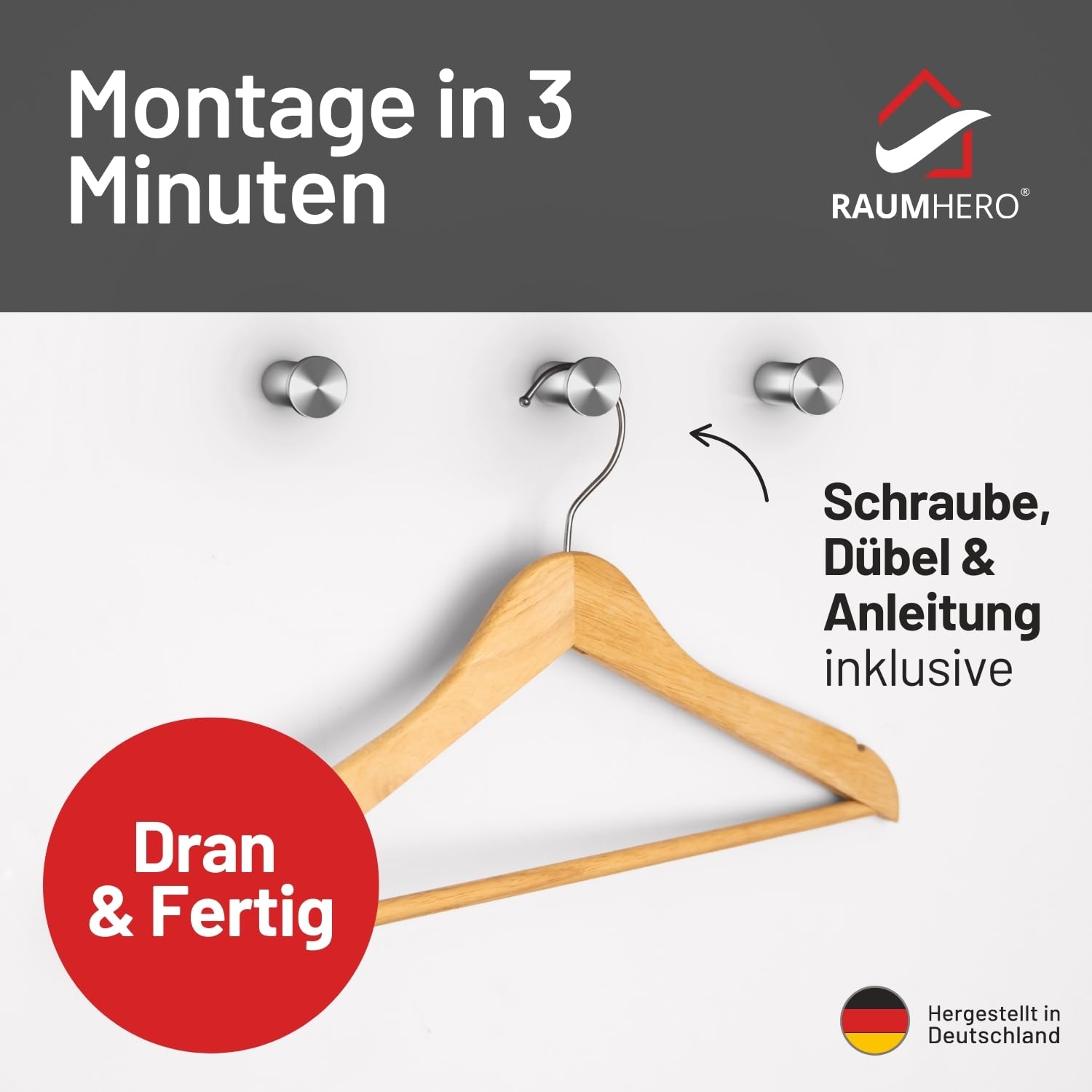 Raumhero Kleiderhaken (4 Stk.) - Garderobenhaken Edelstahl, Handtuchhaken zum Bohren - 100% Made in Germany (Tragkraft bis zu 30 kg) - Extrem vielseitig (inkl. Schrauben, Dübel & Anleitung) 4