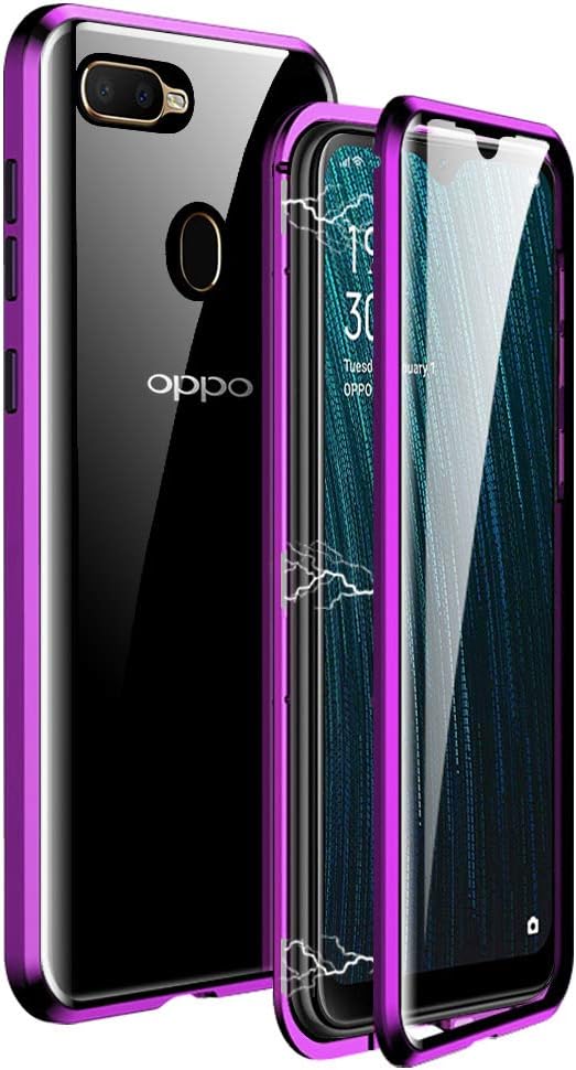 IGUCAC Case for Oppo A5s/A7/Ax7 Case,2 in 1 Magnetic Adsorption Cover with Front/Back Tempered Glass and 360 Degree Full Coverage Anti-Scratch Metal Protection for Oppo A5s/A7/Ax7,Purple