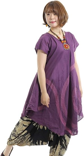 Amazon Co Jp 1p02purple パープル ぐるぐる渦巻き柄 フレアワンピース エスニック ワンピ 綿 半袖 ミモレ丈 フレアライン コットン 赤 大きい 紫 サーキュラー 服 ファッション小物