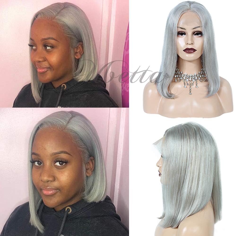 Bob Wigs Grey Colored Human Hair Lace Front Wig for Black Women, 13x4 Lace Frontal Wig Pre Plucked Hairline with Baby Hair Grey 8 Inch Short Straight Bob Wig Bleach Knots Middle Part 180% Density