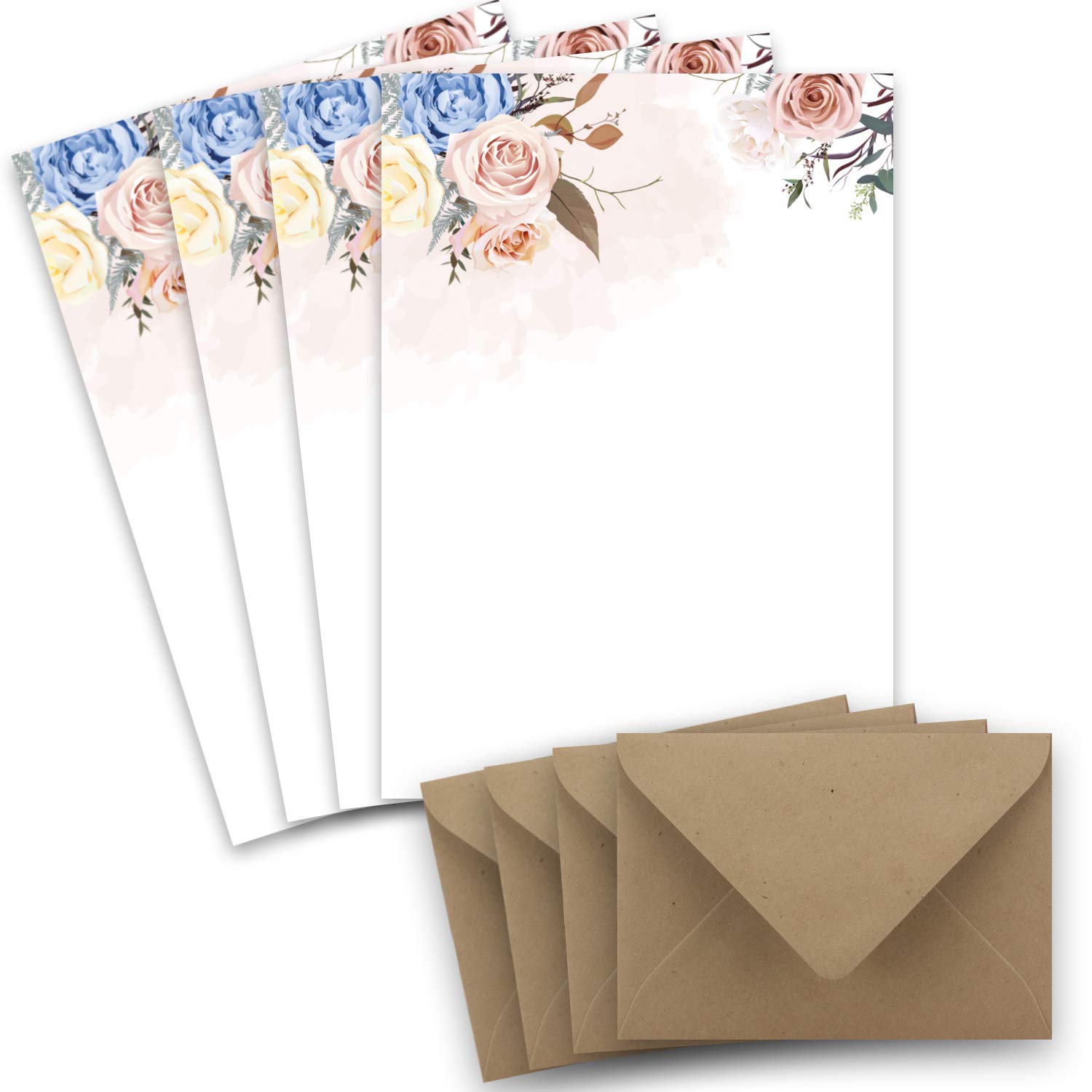 25 Sheets Natural Letter Paper A4 Pastel Roses Design with C6 Brown Kraft Paper Printable Paper for Wedding Invitations