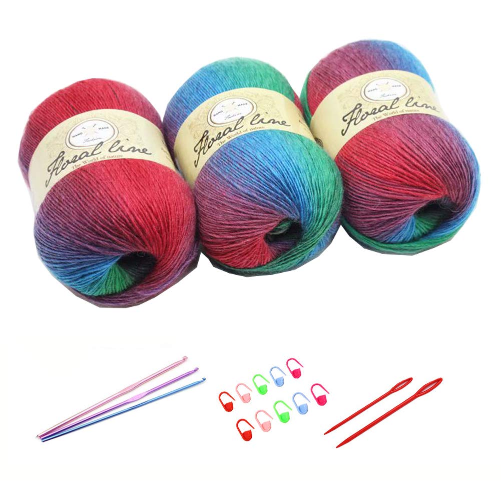 3X 100g Rainbow Wool Yarn Balls Chunky Knit Double Pom Pom Coloured Chunky Wool with 3 Crochet Hooks, 2 Needles, 10 Crochet Locking Stitch Markers for Beginners (218)