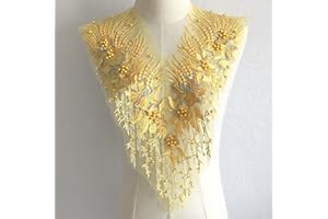 ESH7 Yellow Beaded Pearl Flower Fabric Lace Applique, Floral Embroidered Patches Handmade Sewing Tool for DIY Neckline Bodice Wedding Bridal Prom Dress