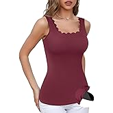 V FOR CITY Women Square Neck Tank Tops with Built in Bras Scallop Trim Fitted Camisole Ribbed Summer Top