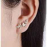 Koguxuix Butterfly Earrings Ear Crawlers Crystals 18k Gold Plated Curved Vine Bar Butterflies Earrings CZ Rhinestone Climber Butterflies Stud Earrings (Rose Gold)