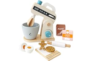 PairPear Play Food Stand Mixer, Wooden Toys Bake Cookies Playset, Multi-Function Play Kitchen Accessories for Kids Ages 3+