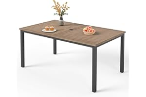 PHI VILLA 64" Rectangle Outdoor Dining Table, Patio Furniture Wood-Like Tabletop with Umbrella Hole for Patio Lawn Backyard Garden, Brown