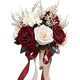 8.6in Wedding Bouquets for Bride Bridesmaid,White Champagne Red Burgundy Rose Artificial Fake Silk Flowers Bridal Bouquets for Wedding With Ribbon Handle Boho Rustic Church Decoration Toss Bouquet