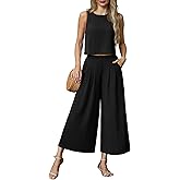 Lepunuo Womens Summer 2 Piece Outfits Sleeveless Crop Top Flowy Wide Leg Pants Matching Sets Vacation Beach Travel Outfits