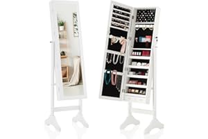 Sweetcrispy Freestanding Jewelry Armoire Cabinet, 47.3-Inch Full Length Jewelry Organizer Standing Mirror, Tall Lockable Large Capacity Makeup Organizer Storage, Velvet Lining, 3 Angles, White