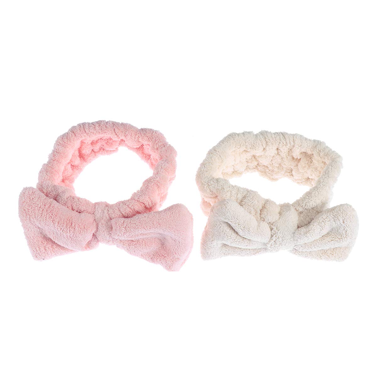 Beaupretty Bow Makeup Headband Headwraps Elastic Microfiber SPA Hairband Towel for Women,Men,2pcs(Pink+White)