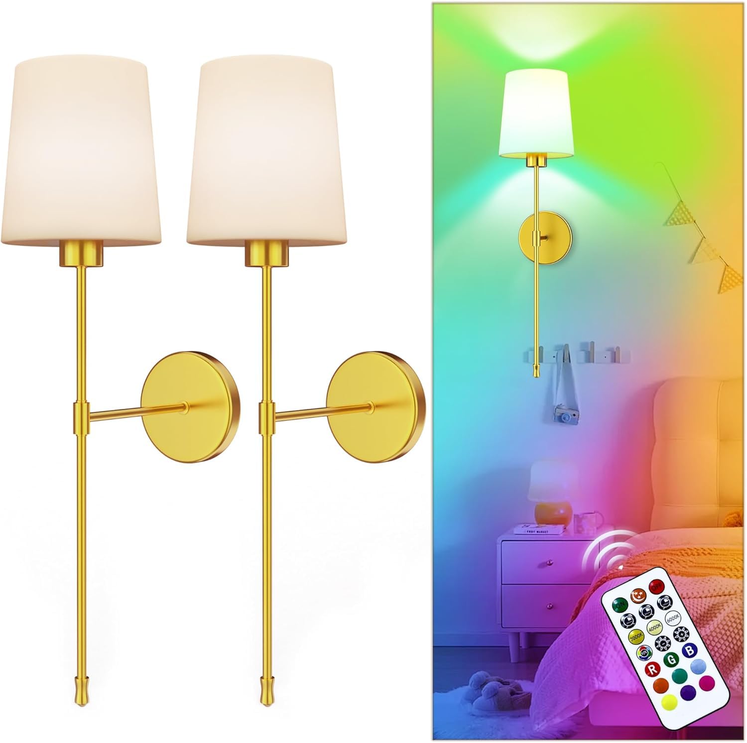 Photo 1 of 10000mAh Battery Operated Wall Sconces Set of Two, Wireless Sconces Set of 2 Wall Light with RGB Rechargeable Magnetic Bulb, Sconces Wall Decor Set of 2 for Living Room Bedroom, Gold