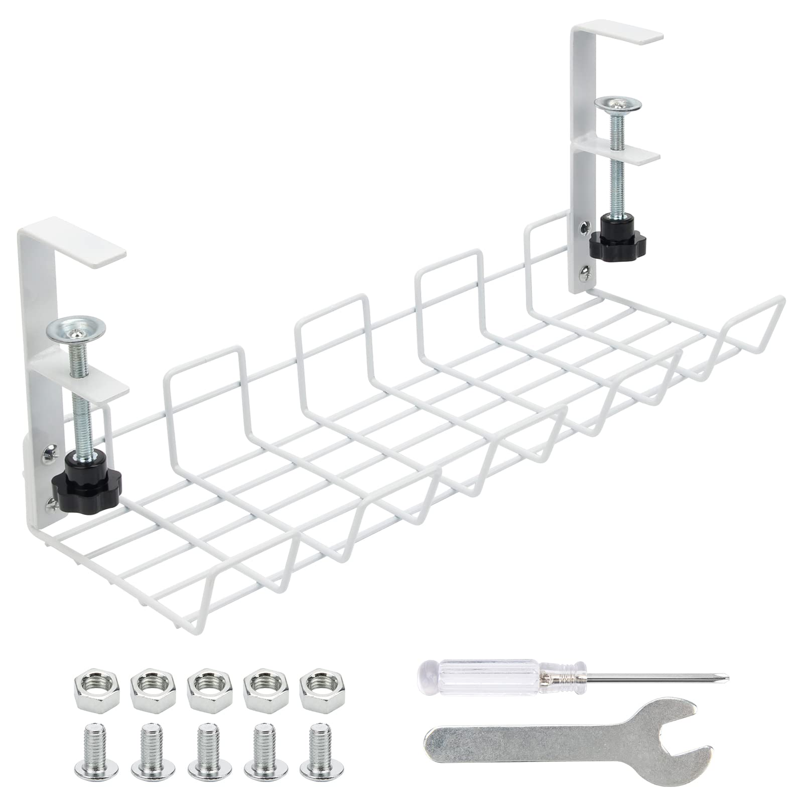 Zhaoyao Under Desk Cable Management Tray, No-Drill Metal Cable Management Basket 38cm, White, with 6pcs Anti-Slip Mat, 1 PCS Small Wrench, 1 PCS Small Cross Screwdriver (White)