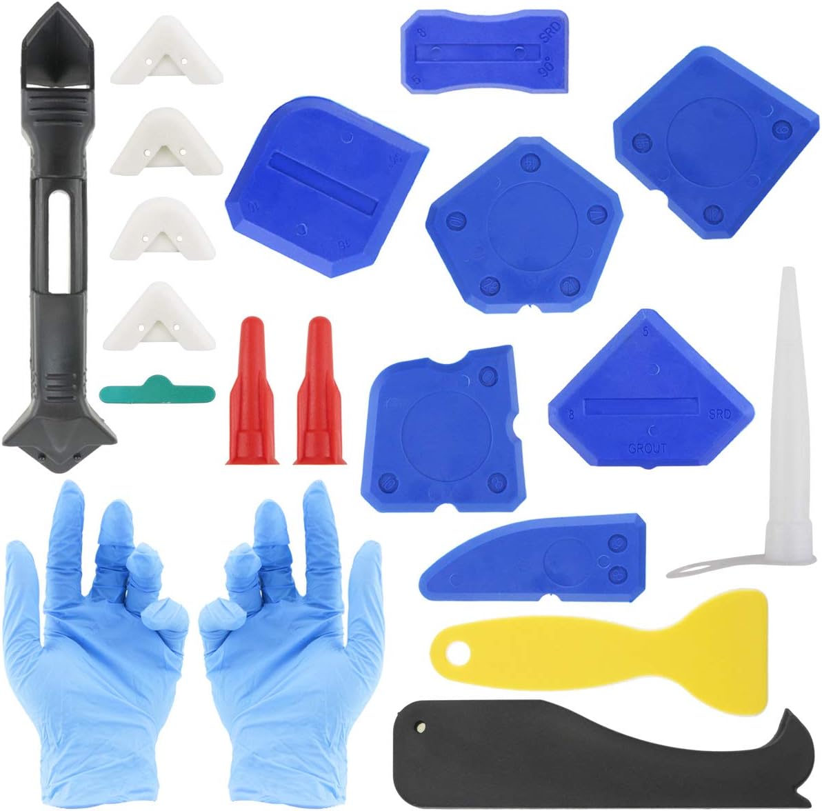 Oruuum 20 Pcs Caulking Tool Set, Glass Shovel Swarf Scraper Caulking Nozzle Caulking Cap The Smear Sealant Finishing Kit Comes With 2 Rubber Gloves.